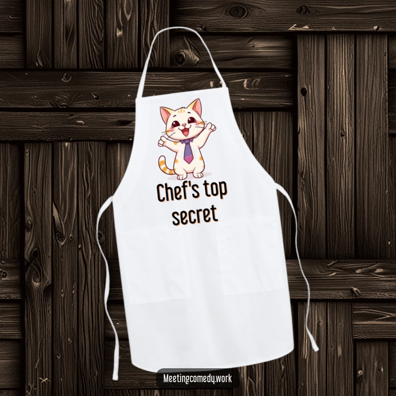 Funny apron with a playful cat wearing a tie, pointing excitedly at a whiteboard, adding smart humor to kitchen tasks.