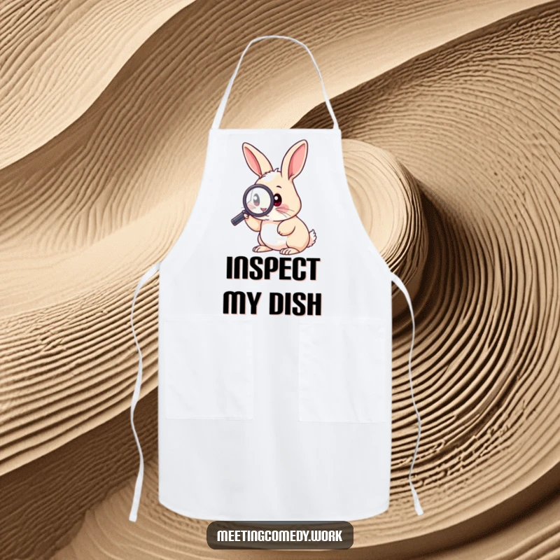 Funny apron featuring a curious rabbit with a magnifying glass, perfect for kitchen tasks with a humorous investigative spirit.