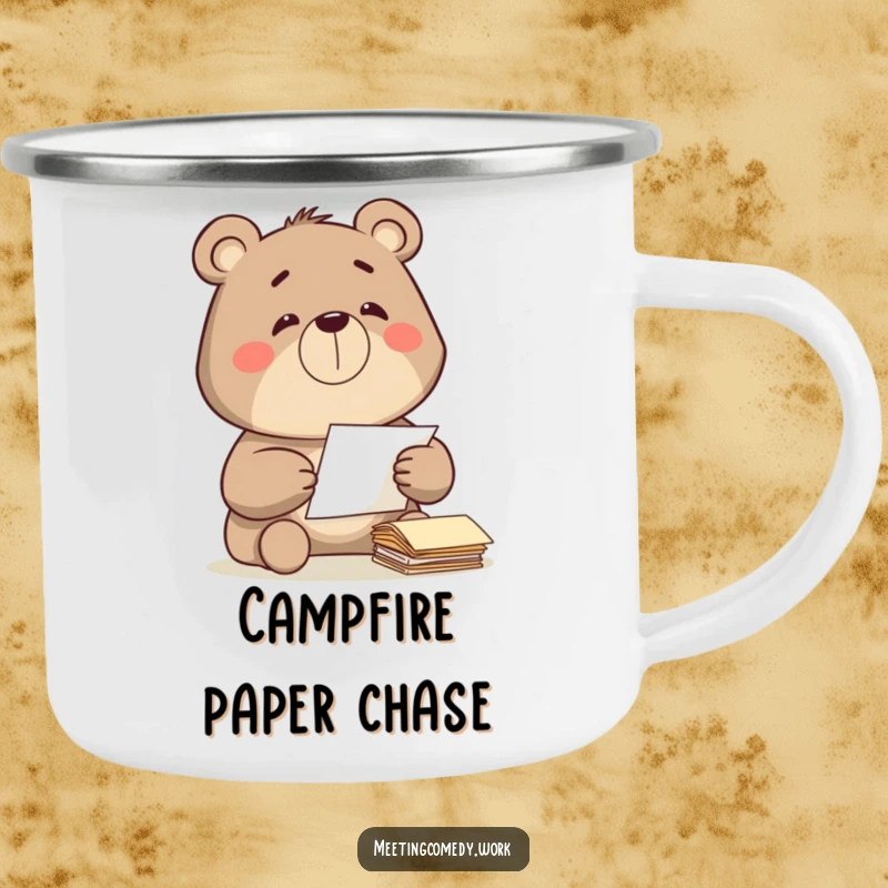 Funny bear diligently sorting papers with a satisfied grin, perfect for camping trips and humorous organization mugs.