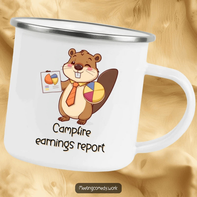 Funny beaver in a tie presenting a pie chart, perfect for camping adventures and business humor on a sturdy mug.
