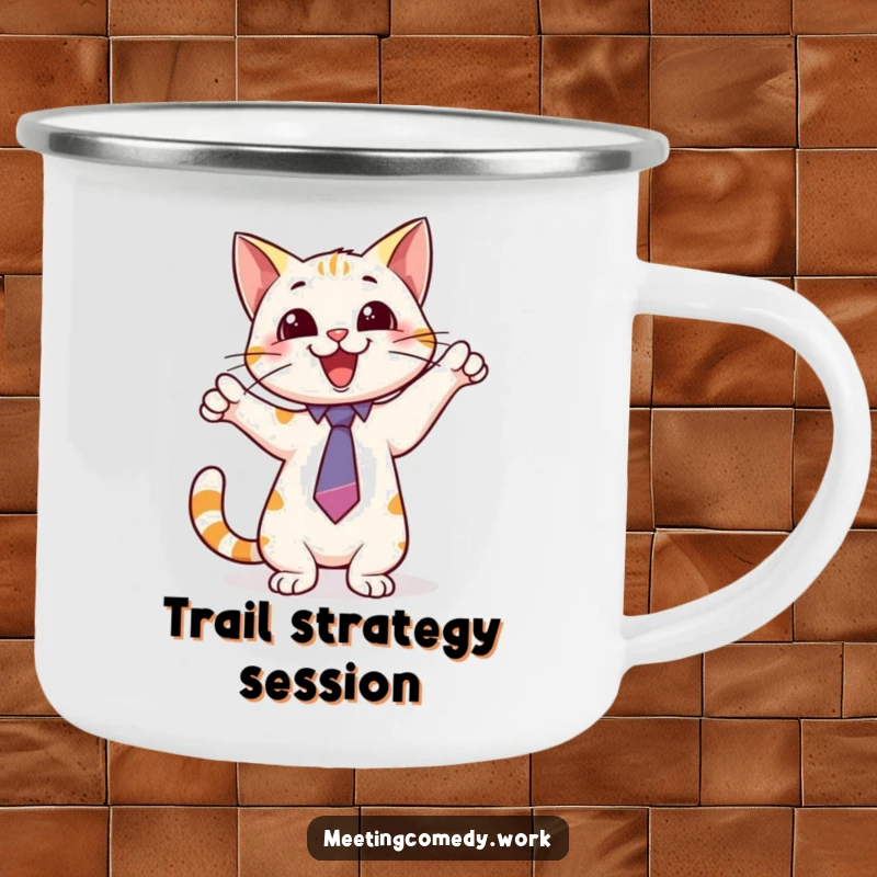 Funny camping mug with a playful cat wearing a tie, pointing excitedly at a whiteboard, perfect for organized outdoor enjoyment.