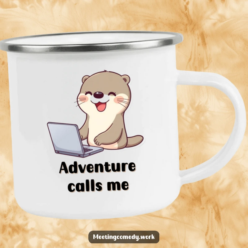Funny otter excitedly tapping on a laptop with a smile, perfect for camping trips and humorous tech mugs.