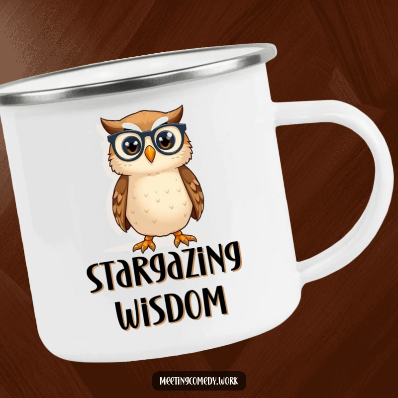 Funny owl wearing spectacles studying a whiteboard, perfect for outdoor wisdom and humorous camping mugs.