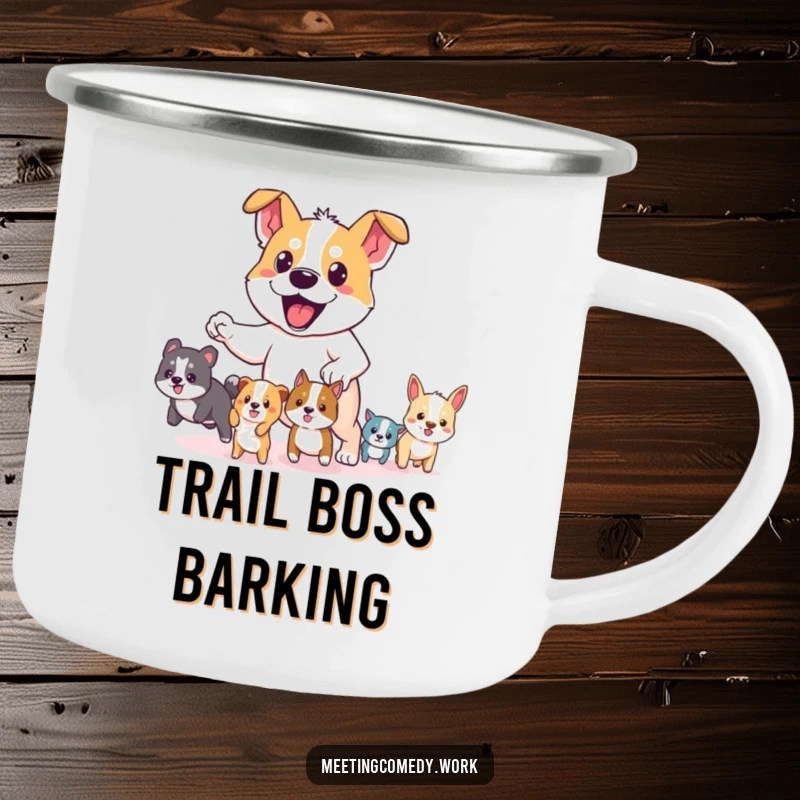 Funny camping mug with a resolute dog leading small animals, ready for any adventure, adding humor to the outdoors.