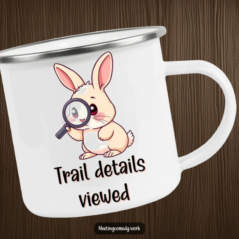 Funny camping mug featuring a rabbit with a magnifying glass, ready to explore the great outdoors with humor.