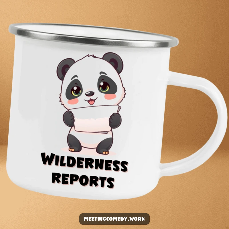 Funny camping mug with a cute panda cub enthusiastically presenting papers, perfect for organized outdoor enjoyment.