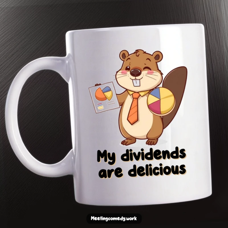 Funny beaver in a tie enthusiastically presenting a pie chart, symbolizing business success and workplace humor on a mug.
