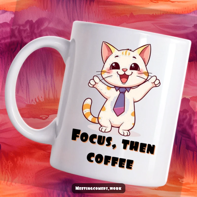 Funny mug with a playful cat wearing a tie, pointing excitedly towards a whiteboard, envisioning brilliant ideas.