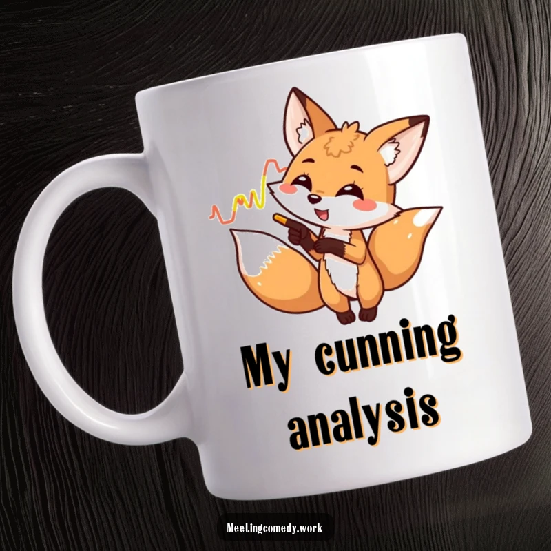 Funny playful fox enthusiastically pointing at a colorful graph, symbolizing insight and cleverness on a mug.