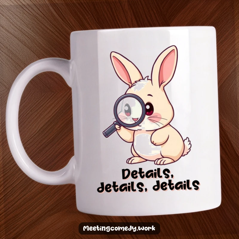 Funny mug featuring a curious rabbit intently examining something with a magnifying glass, symbolizing investigation and discovery.