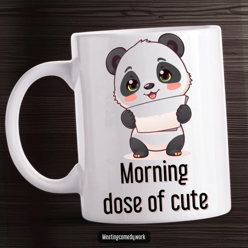 Funny mug featuring a cute panda cub enthusiastically presenting a stack of papers, radiating diligence and charm.