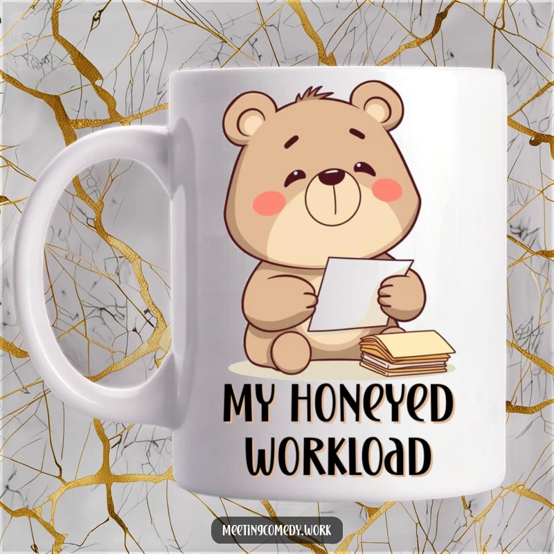 Funny determined bear diligently sorting papers with a satisfied grin, symbolizing organization and focus on a mug.
