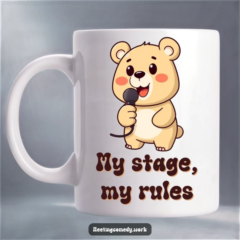 Funny coffee mug featuring a joyful bear with a microphone, ready to sing its heart out, perfect for music lovers.