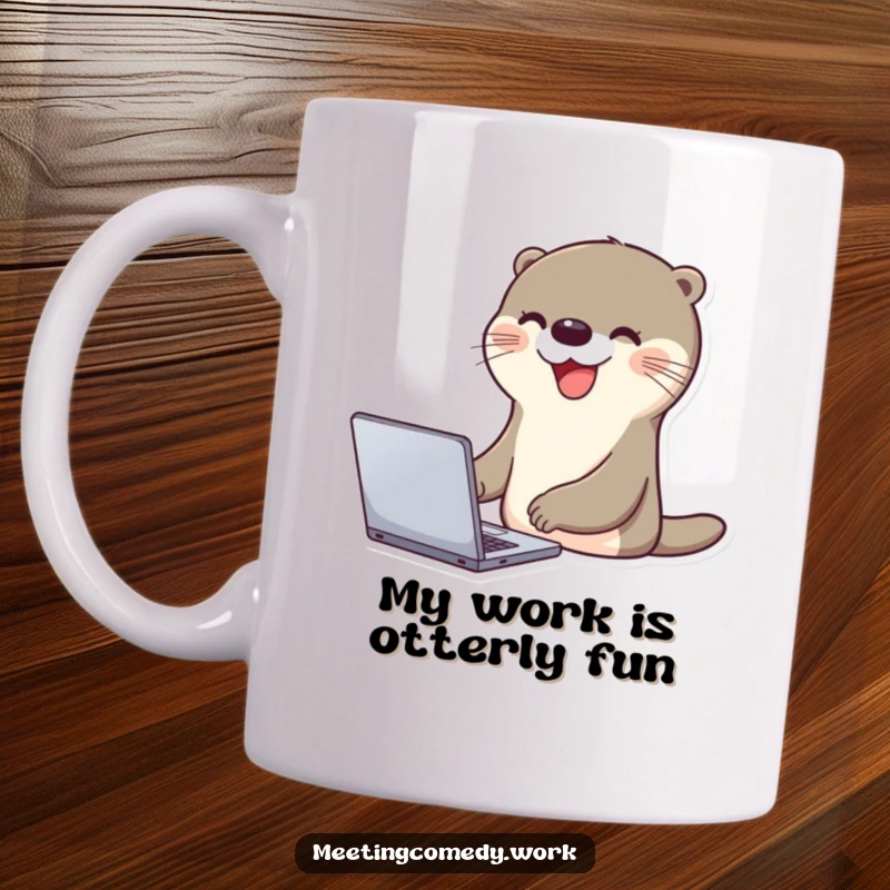 Funny cheerful otter excitedly tapping on a laptop with a beaming smile, symbolizing productivity and happiness on a mug.