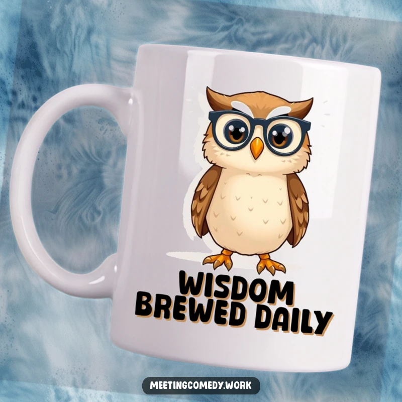 Funny owl wearing tiny spectacles peering intently at a large whiteboard, symbolizing wisdom and curiosity on a mug.