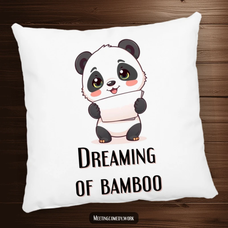 Funny pillow with a cute panda cub enthusiastically presenting papers, offering comfort and charming organization.