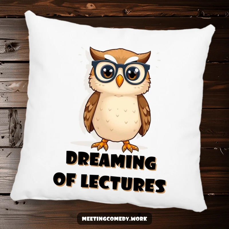 Funny owl in spectacles peering at a whiteboard, perfect for a soft, intellectual, and humorous pillow.