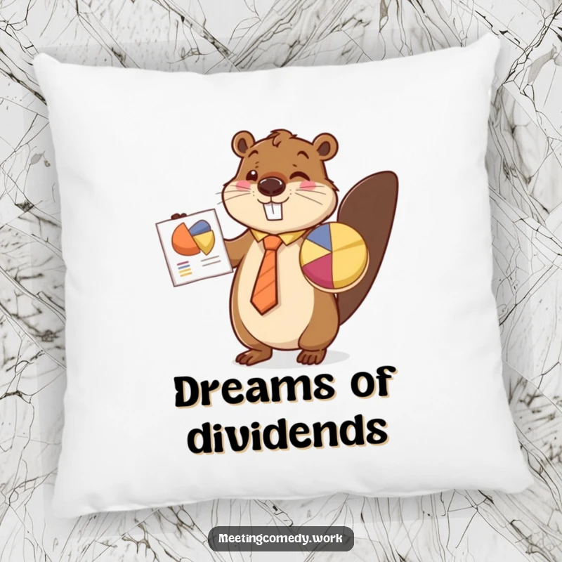 Funny beaver in a tie presenting a pie chart, offering comfort and business-themed humor on a decorative pillow.