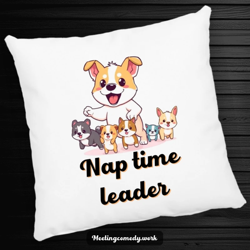 Funny pillow with a determined dog leading a pack of tiny animals, offering comfort and a touch of bravery.