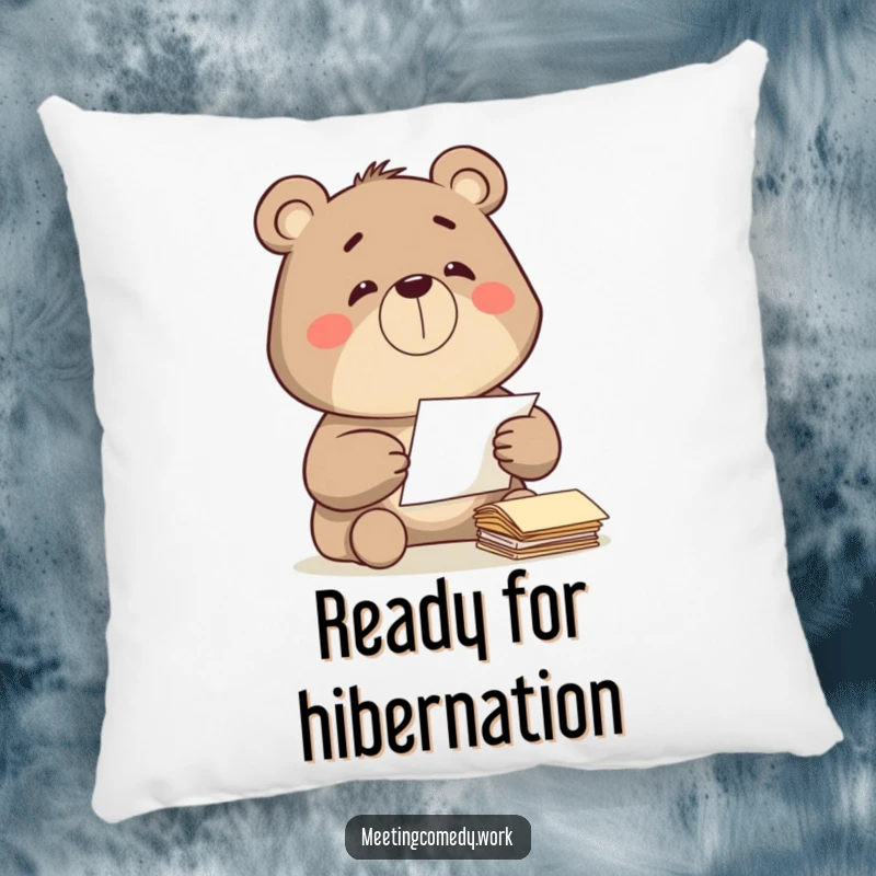 Funny bear diligently sorting papers with a satisfied grin, offering comfort and organization-themed humor on a pillow.