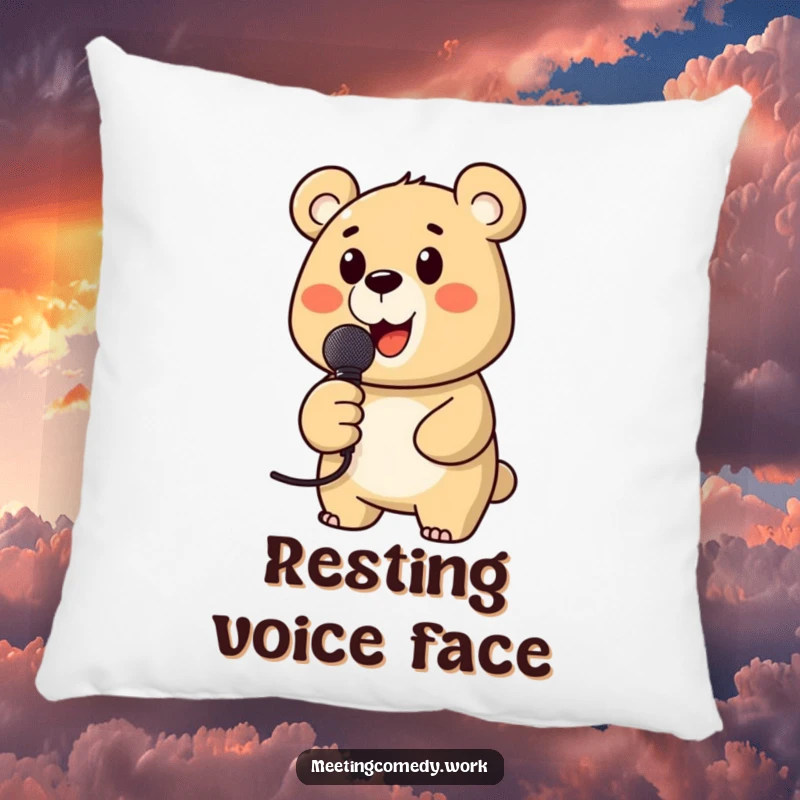 Funny pillow with a happy bear holding a microphone, designed for comfort and a touch of musical humor.