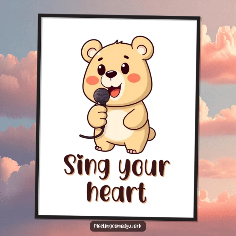 Funny digital art print of a cheerful bear holding a microphone, ready to perform, bringing animated musical humor.