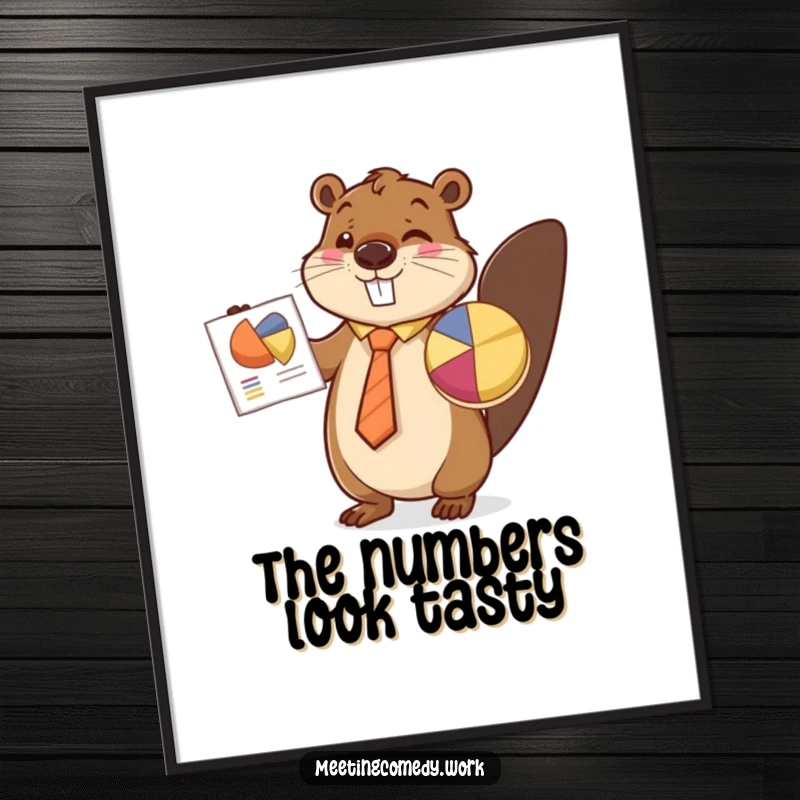 Funny beaver in a tie enthusiastically presenting a pie chart, digital art capturing business success and humor.