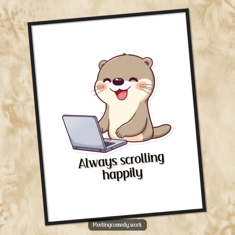 Funny otter excitedly tapping on a laptop with a big smile, digital art capturing cheerful tech moments.