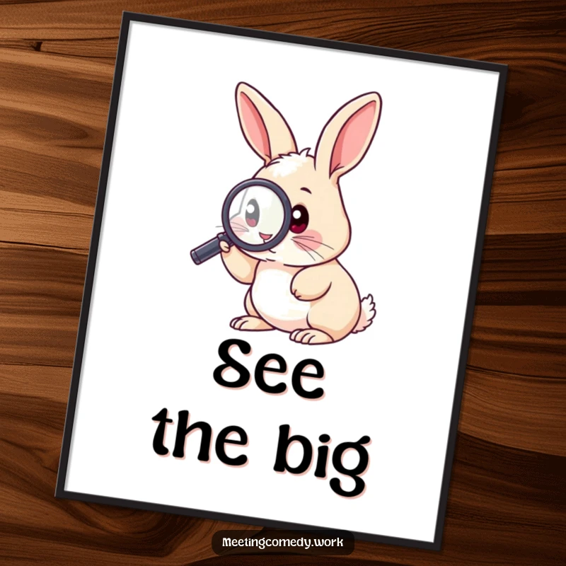 Funny digital art print of a curious rabbit peering through a magnifying glass, bringing a humorous and investigative vibe.