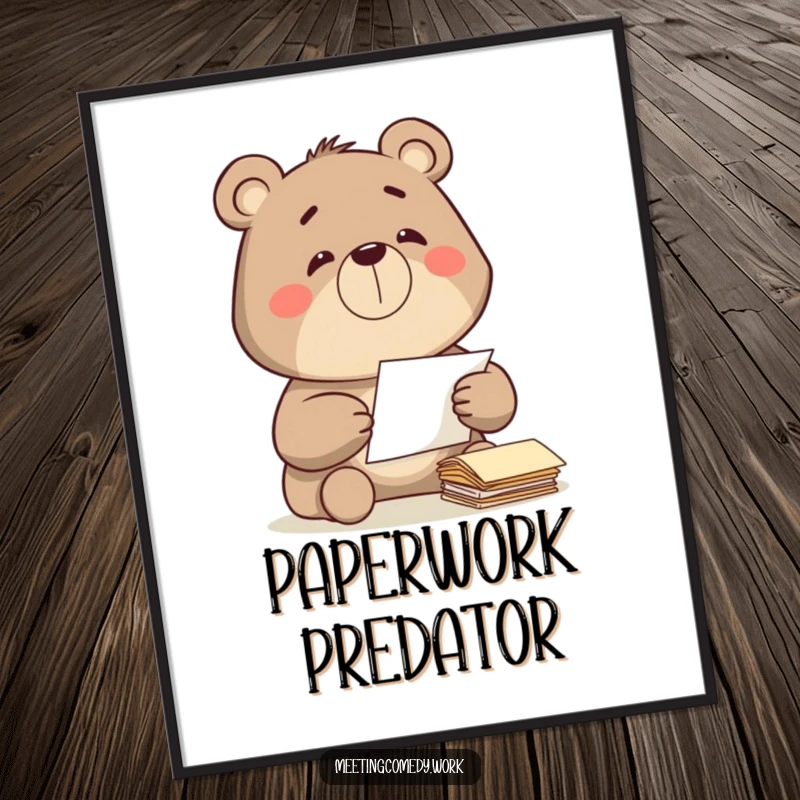 Funny bear diligently sorting papers with a satisfied grin, digital art capturing focused organization and humor.