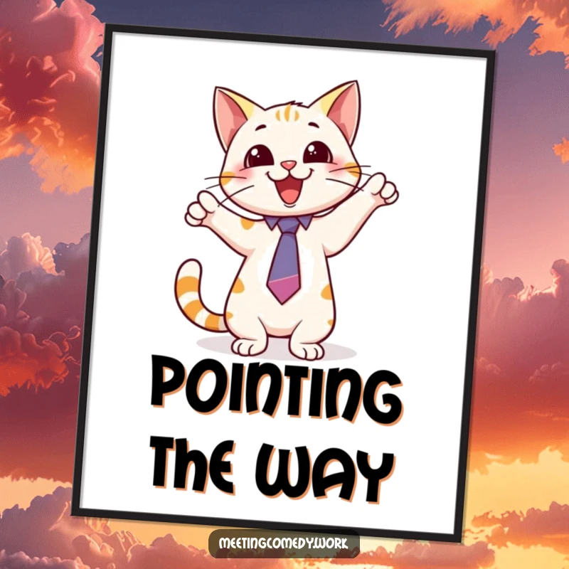 Funny digital art print of a playful cat wearing a tie, pointing excitedly at a whiteboard, perfect for smart and witty decor.