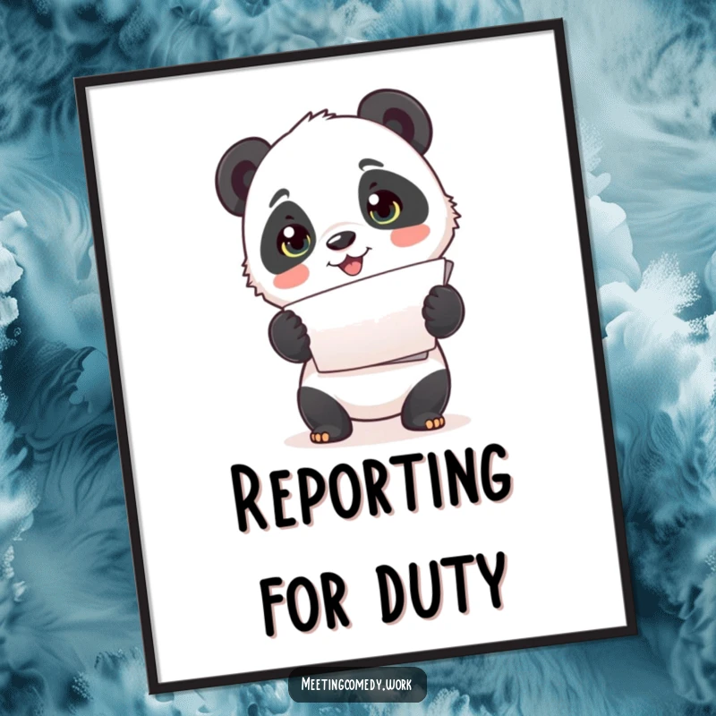 Funny digital art print of a cute panda cub enthusiastically presenting a stack of papers, perfect for charming, organized decor.