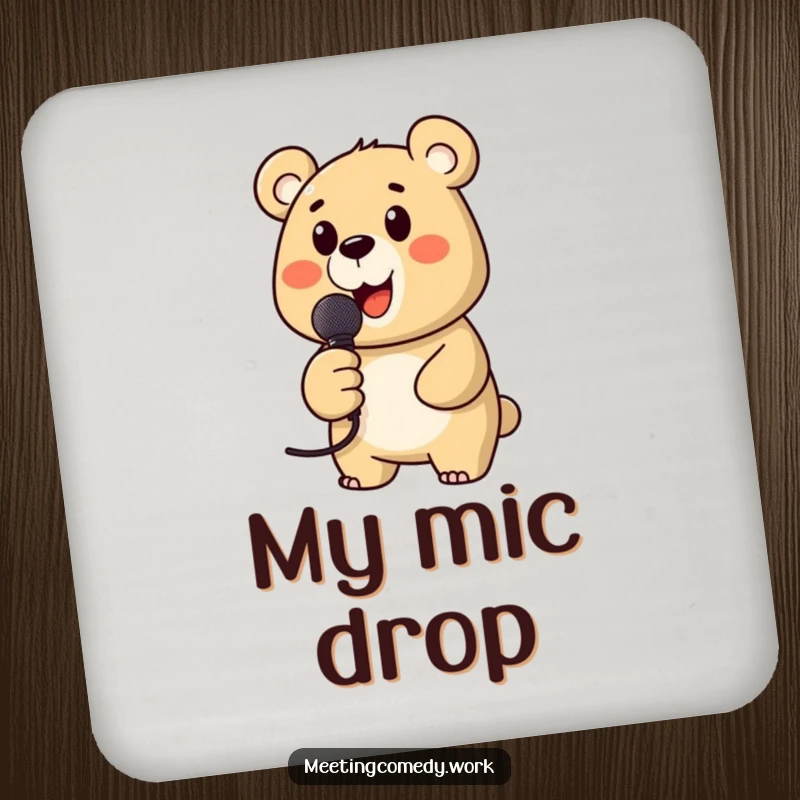 Funny drink coaster with a bear holding a microphone, adding a musical and humorous element to any surface.