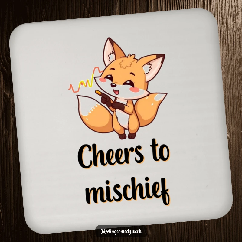 Funny fox pointing at a colorful graph, a protective and humorous accent for drink coasters.