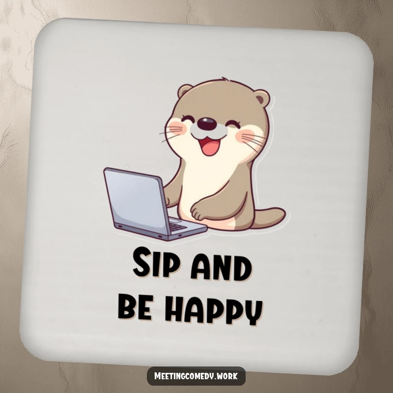 Funny otter with a beaming smile using a laptop, a protective and humorous accent for drink coasters.