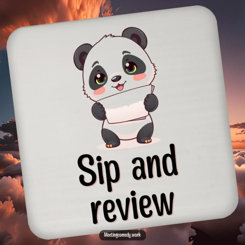 Funny drink coasters featuring a cute panda cub enthusiastically presenting papers, adding adorable organization to surface protection.