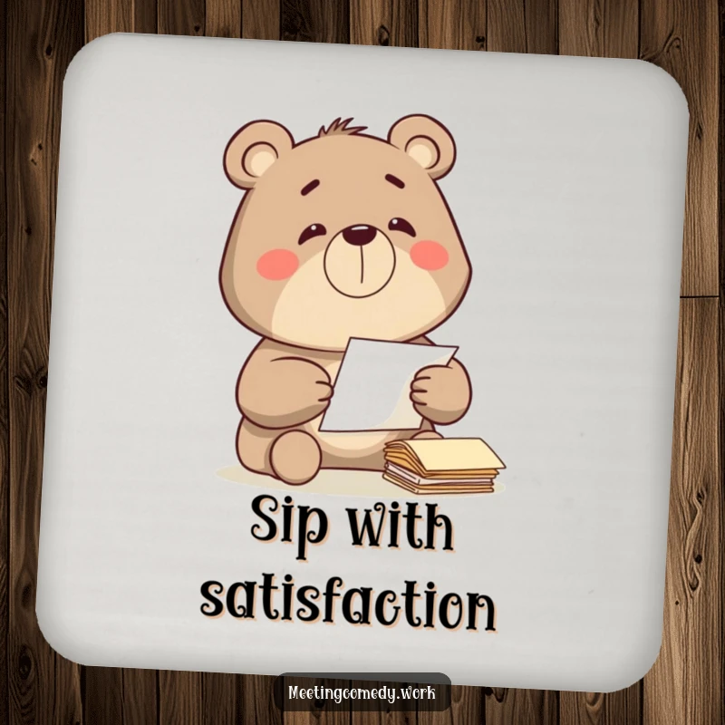 Funny bear diligently sorting papers with a satisfied grin, a protective and humorous accent for drink coasters.