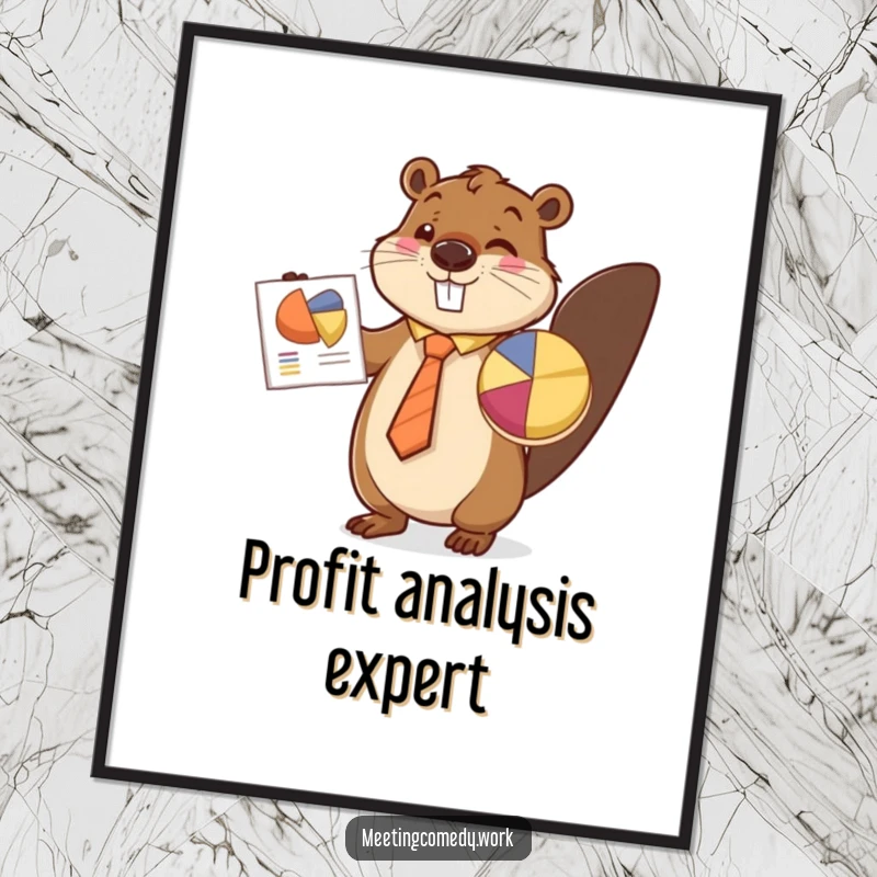 Funny beaver wearing a tie confidently presents a pie chart, bringing executive humor and motivation to wall art.