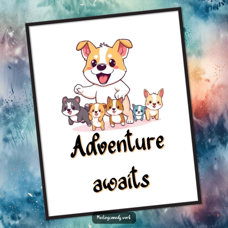 Funny poster featuring a brave dog leading smaller animals, embodying leadership and courage for wall decor.
