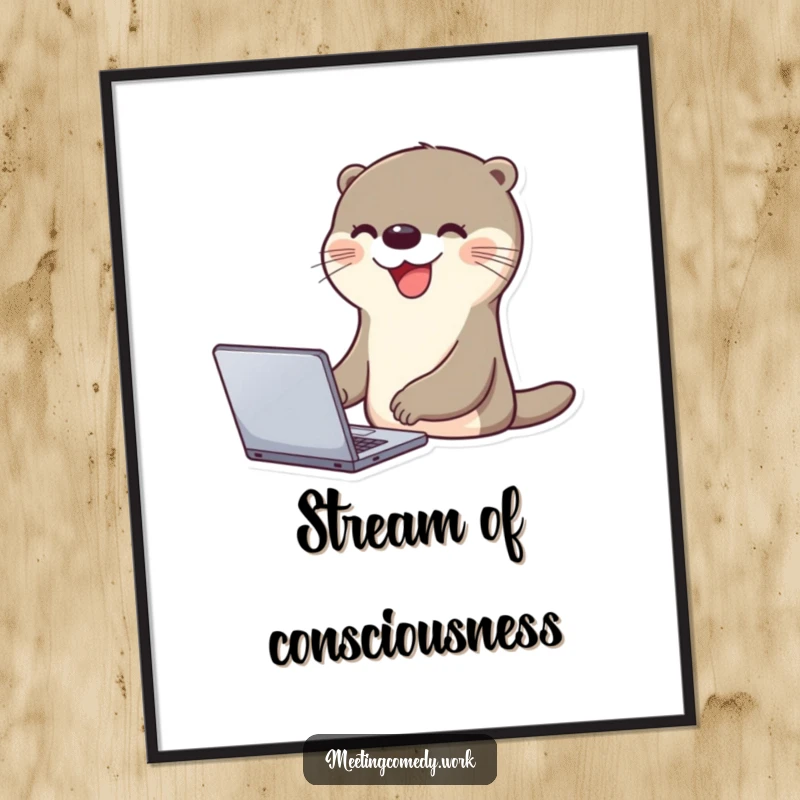 Funny otter excitedly working on a laptop with a big smile, cheerful tech-themed art for a poster.