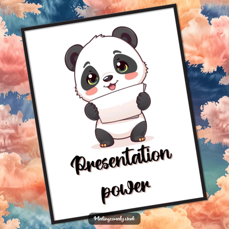 Funny poster of a cute panda cub enthusiastically presenting a stack of papers, adding adorable organization to walls.