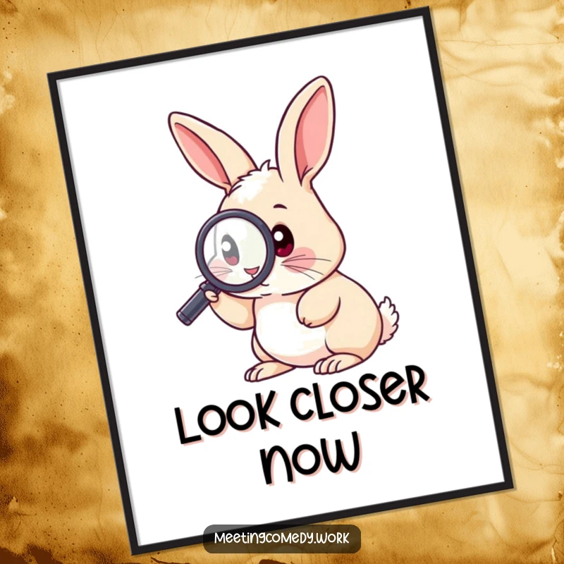 Funny poster featuring an inquisitive rabbit peering through a magnifying glass, adding a humorous and curious element to any room.