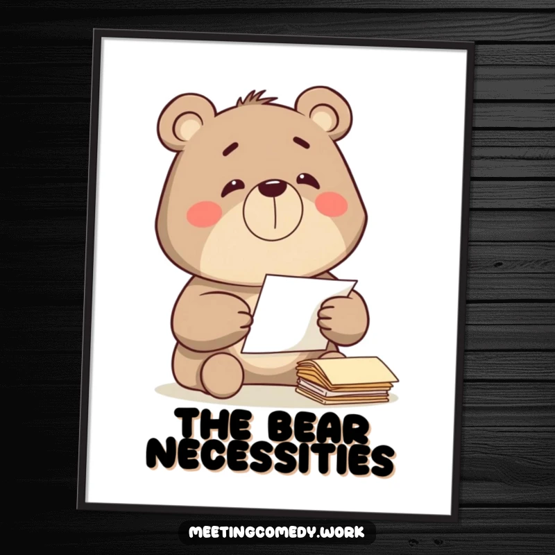 Funny bear diligently sorting papers with a satisfied grin, organized and humorous art for a poster.