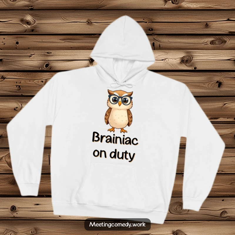 Funny owl wearing spectacles peeking at a whiteboard, ideal for cozy, intelligent, and humorous apparel.