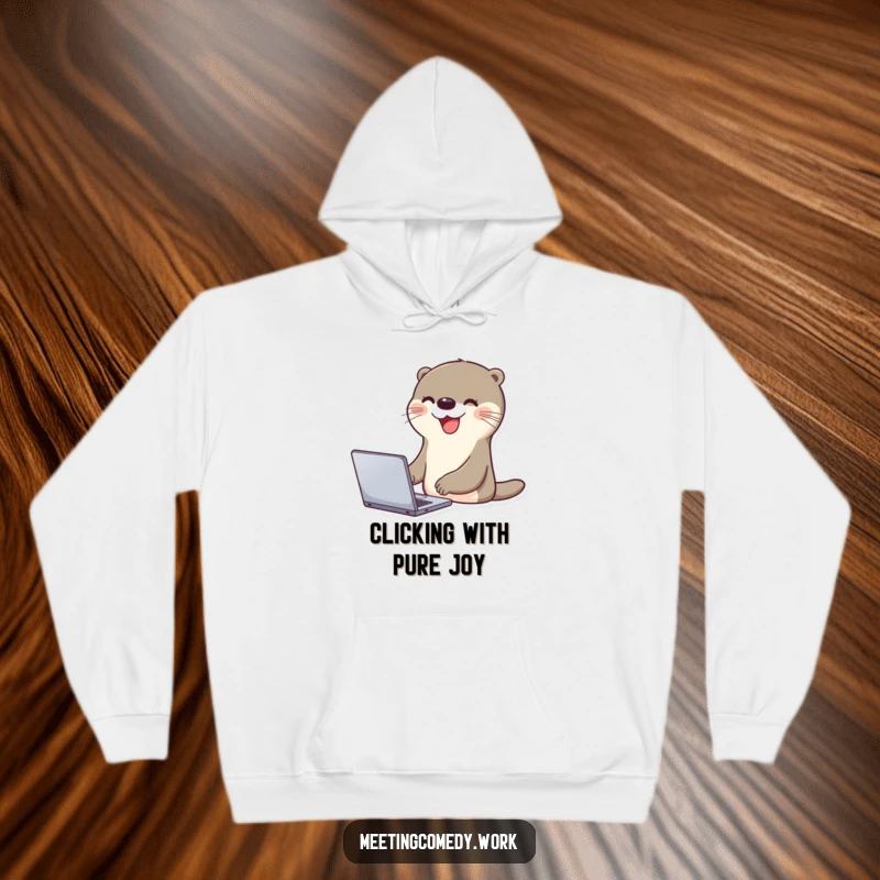Funny otter excitedly using a laptop with a big smile, bringing cozy joy and tech humor to a hoodie.