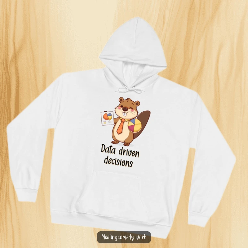 Funny beaver in a tie presenting a pie chart, conveying business charm and humor, perfect for a cozy hoodie.