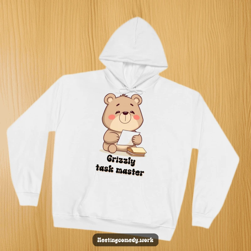 Funny bear diligently sorting papers with a satisfied grin, bringing organized coziness and humor to a hoodie.