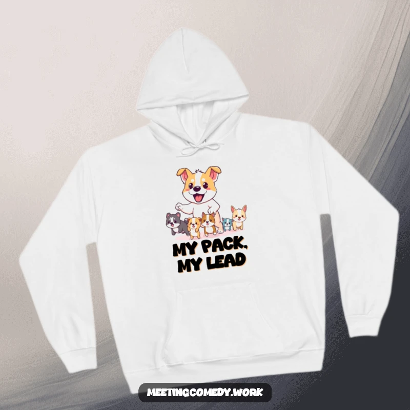 Funny hoodie with a brave dog at the front, leading a parade of cute little animals, perfect for comfort and inspiration.