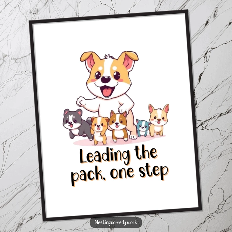 Funny free printable wall art of a determined dog bravely leading a happy group of small animals, symbolizing teamwork and courage.
