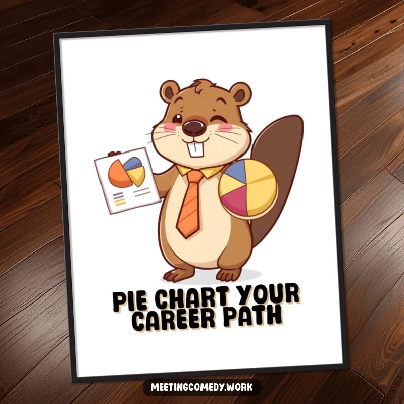 Funny Free Printable Wall Art: A busy beaver in a tie proudly displays a pie chart, perfect for office or dorm.
